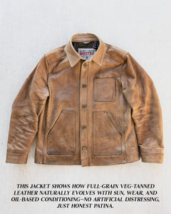 Field Jacket in Natural leather after use showing patina development and character