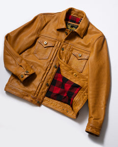 Side view of the Goldrush leather jacket displaying the waxed finish and natural character of the full-grain cowhide
