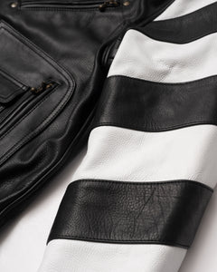 Men’s motorcycle leather jacket sleeve with vintage stripe detailing