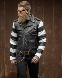 Men wearing Master Supply Co Scrambler leather jacket in classic double rider style