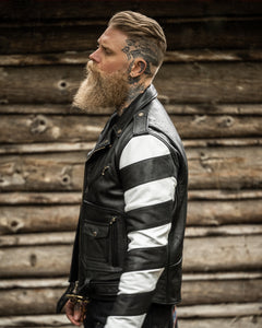 Side profile showing 1950s-inspired stripes on Scrambler jacket