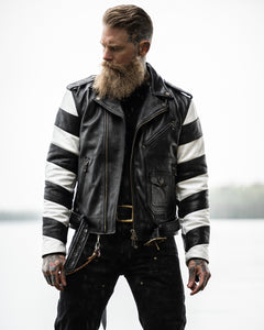 Men wearing Scrambler double rider leather jacket by Master Supply Co