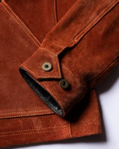Close-up of Master Supply Co men's brown leather jacket Field Jacket cuff with zinc button detail