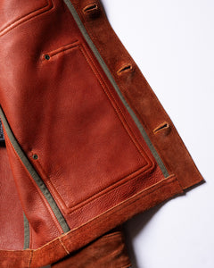 Interior detail of men's brown leather jacket Field Jacket by Master Supply Co showing pockets and stitching
