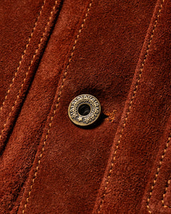Close-up of Master Supply Co men's brown leather jacket button with antique zinc finish