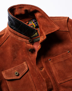 Close-up of the collar on Master Supply Co men's brown leather jacket Field Jacket in Copperhide finish