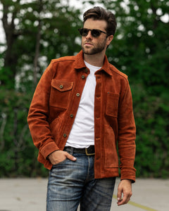 Men wearing brown leather jacket Field Jacket by Master Supply Co, styled for casual wear