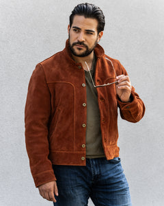 Men wearing Solaire Copperhide roughout leather jacket - Master Supply Co