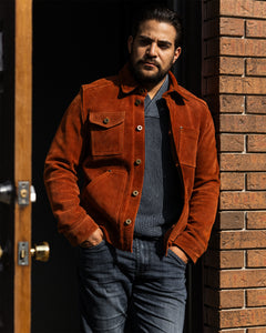Model wearing Master Supply Co men in brown leather jacket Field Jacket outdoors