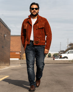 Model wearing the Ranger Copperhide leather biker jacket outdoors - Master supply co